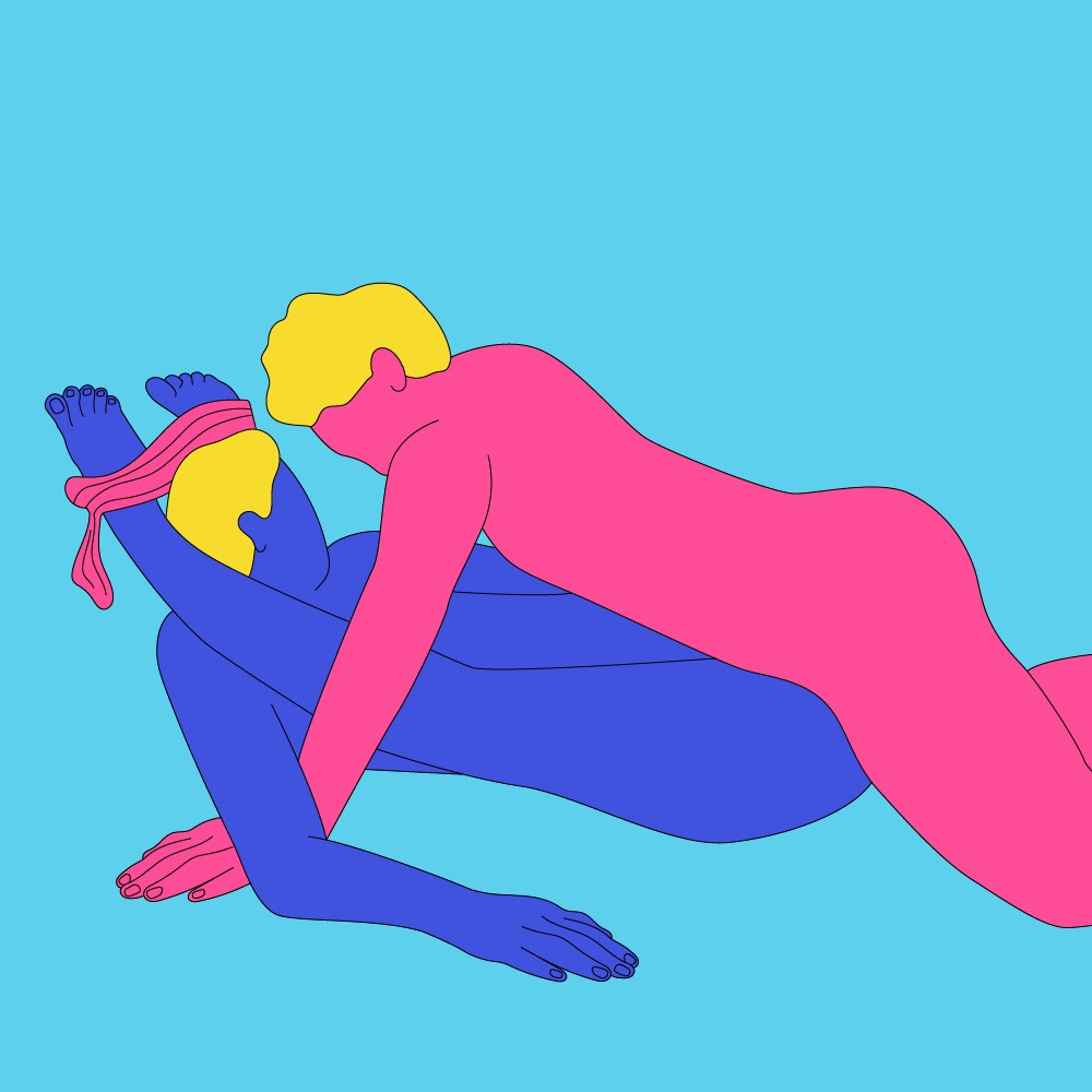 A naked illustrated couple in a lying down position. One has their legs tied up to their head and the other is leaning into them.